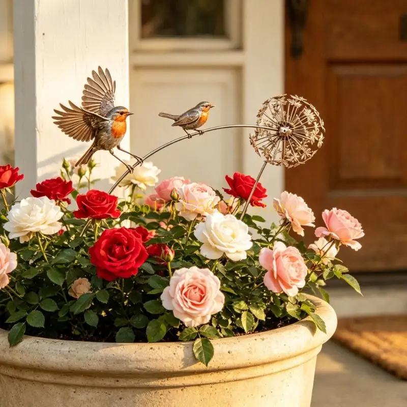 Metal Garden Stake Bird Figure with Three Bird Detail, Branch Line and 24 Inch Height for Lawn Lines, Porch Pots and Garden Row