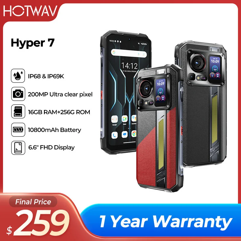 HOTWAV Hyper 7 Pro smartphones 5G 200MP Android14 6.6 '' FHD+120Hz rugged smartphones 36GB 256GB 10800mAh 33W waterproof celular