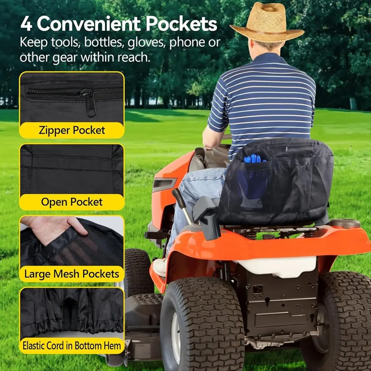 Universal Riding Lawn Mower Seat Cover with Drink Pouch, Lawnmower Cushioned Covers Heavy Duty for /
