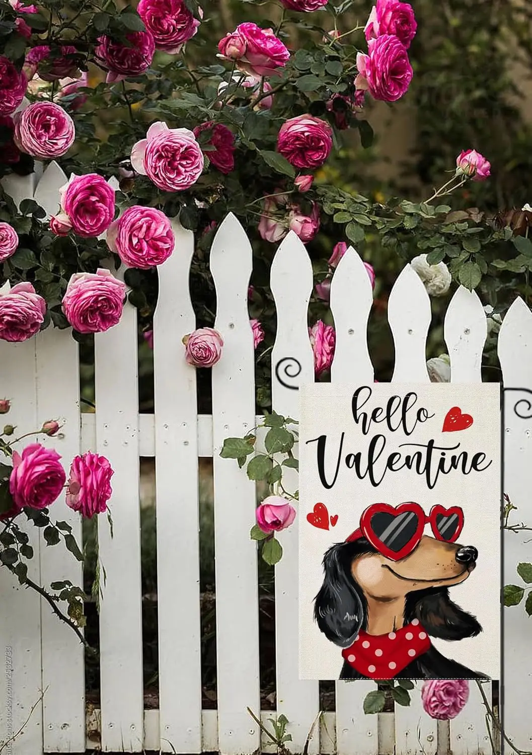 Hello Valentines Garden Flags 12x18 Inch Double Sided, Dachshund Dog with Love Sunglass Heart Small Seasonal Decoration for  SSL