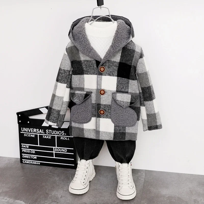 

Шерстяные пальто для мальчиков, куртки, утепленные 2024, клетчатый теплый бархатный зимне-осенний хлопковый спортивный костюм, спортивная детская одежда