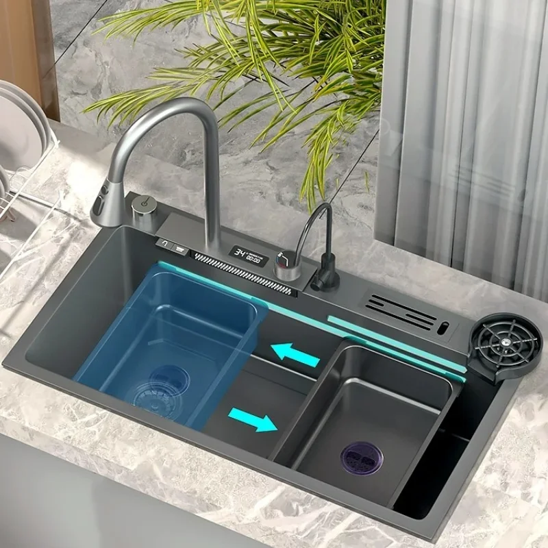 304 Stainless Steel Kitchen Waterfall Sink Digital Display Large Single  Dish Basin  with Multifunction Touch