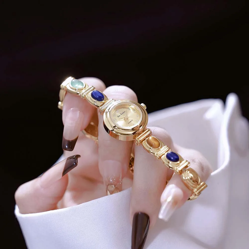 Vintage Women's Watches Fashion Naturally Jade Jewelry Bracelets High Quality Gold Wristwatch Retro Quartz Ladies Dress Watches