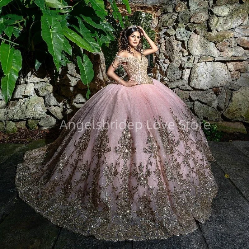 Angelsbridep 2025 Princess Pink Ball Gown Quinceanera Dresses With Rose Gold Appliques Off Shoulder Party Dress Robes De Soirée