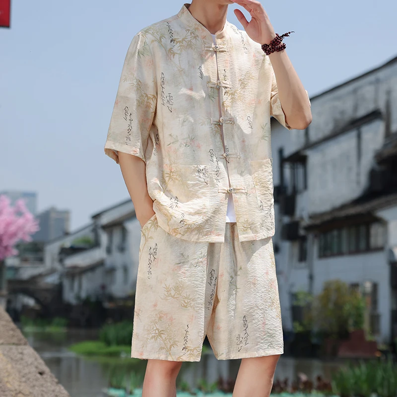 4XL 5XL Mens Plus Size Chinese Streetwear Tracksuit Men Summer Two Piece Set Kimono Shirt + Shorts Male Clothes Men 2 Piece Set