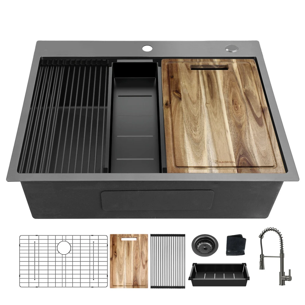 

33" Gunmetal Black Drop-In Topmount Workstation Sink:18G SS with Faucet & Accessories