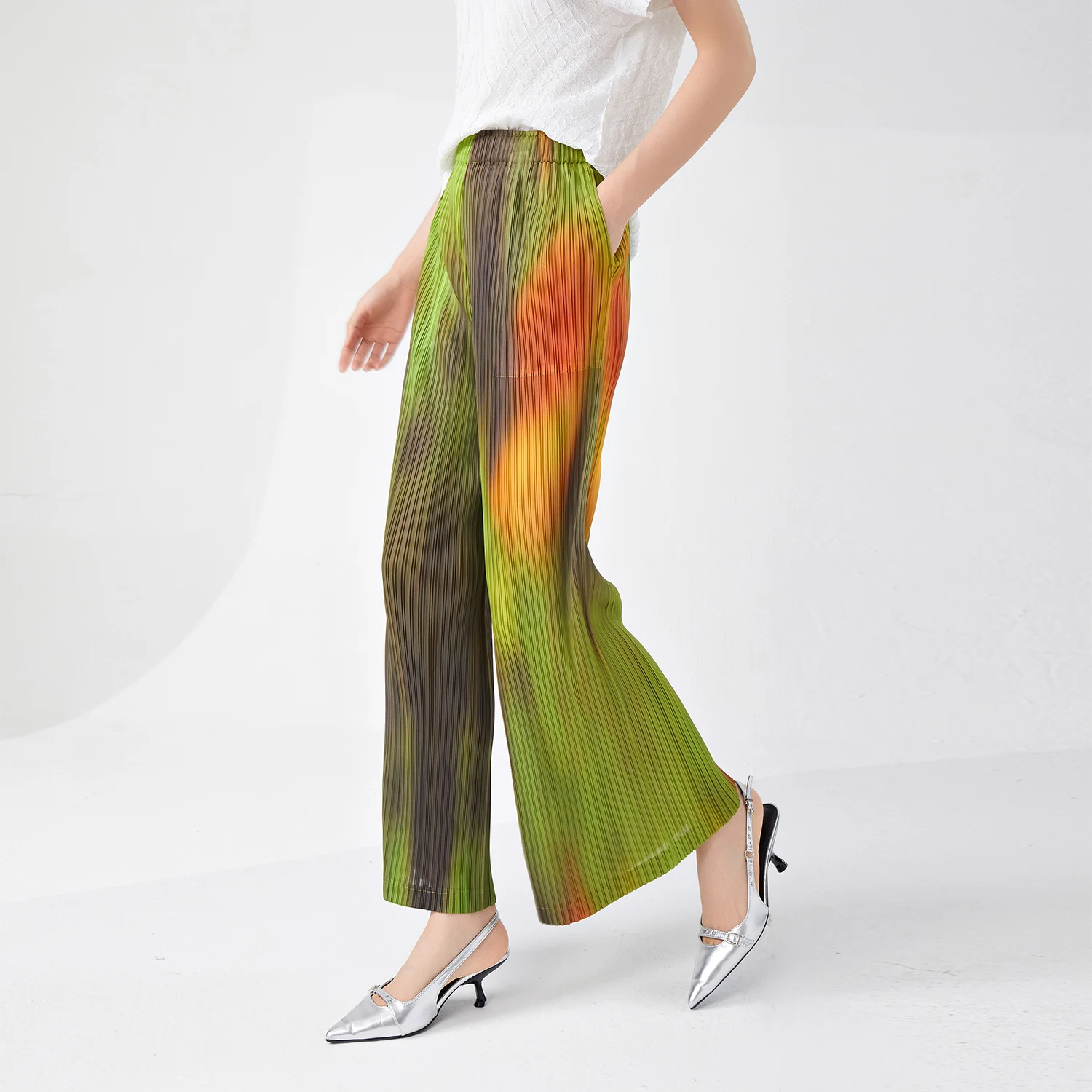 High Quality Miyake Women High Waist Pleated Casual Pants Fashion Wide Leg Design New Summer Style Printed Straight Pants