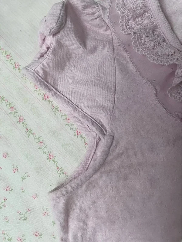 Original violet dentelle garniture ort Sve t-shirt femmes été Vintage minceur haut doux Sle coton mélange a-ligne Dr