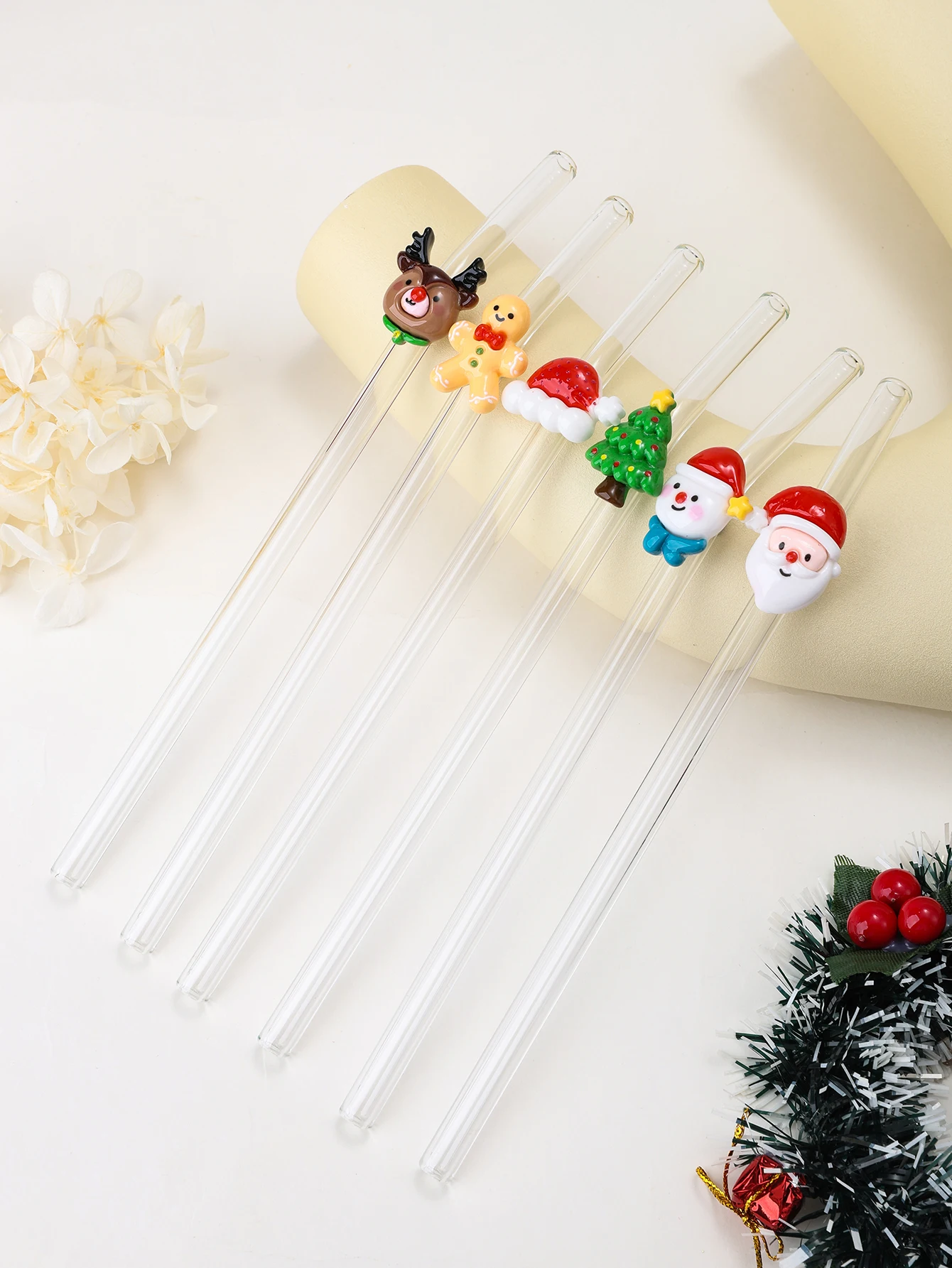 1PC/6PCS Christmas Glass Straws,Deer/gingerbread/Santa designs. Reusable for juice, coffee & tea drinks.