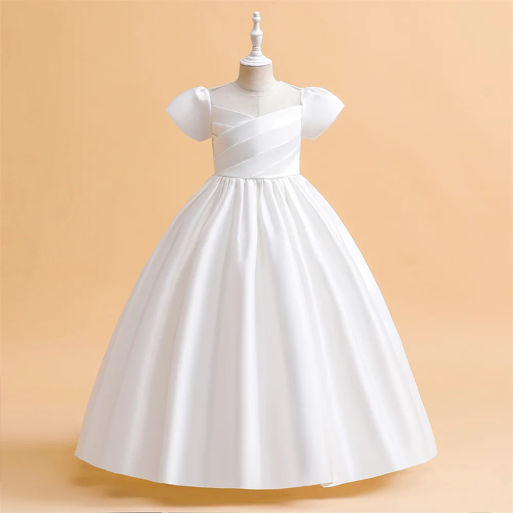 Elegant Satin White Bridesmaid Girl Party Dress Cerenony First Communion Wedding Princess Prom Kids Dress for Girl Birthday Gown