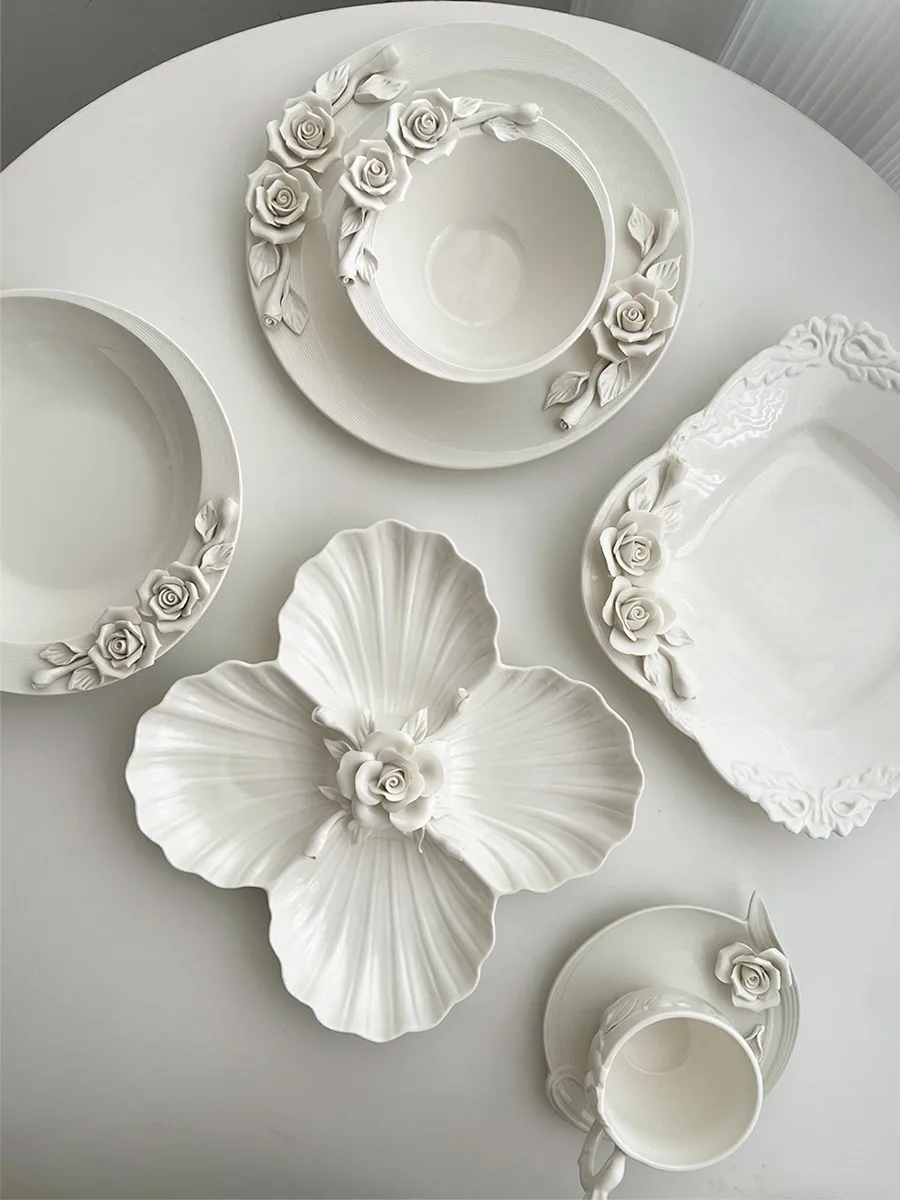 

European Relief Hand Held Flower Bowl, Plate, Cup And Tableware Set For Home Afternoon Tea, Exquisite Ceramic Display Plate