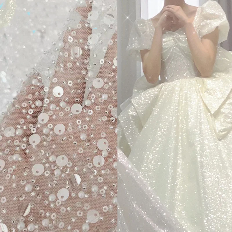 15 Colors Embroidered Tulle Fabric with Scattered Floral Seed Beads 3mm With Big Sequins for Wedding Dress Gowns Material