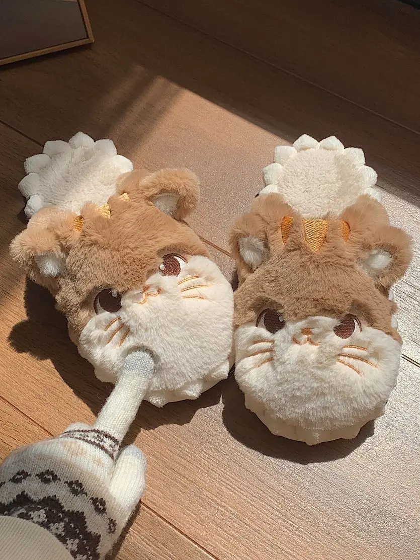 Cute Winter Plush Cat Shaped Slides Slippers Women\'s Cozy Feet Shoes Ladies Soft Home Furry Classic Bunny Slippers Big Size 44