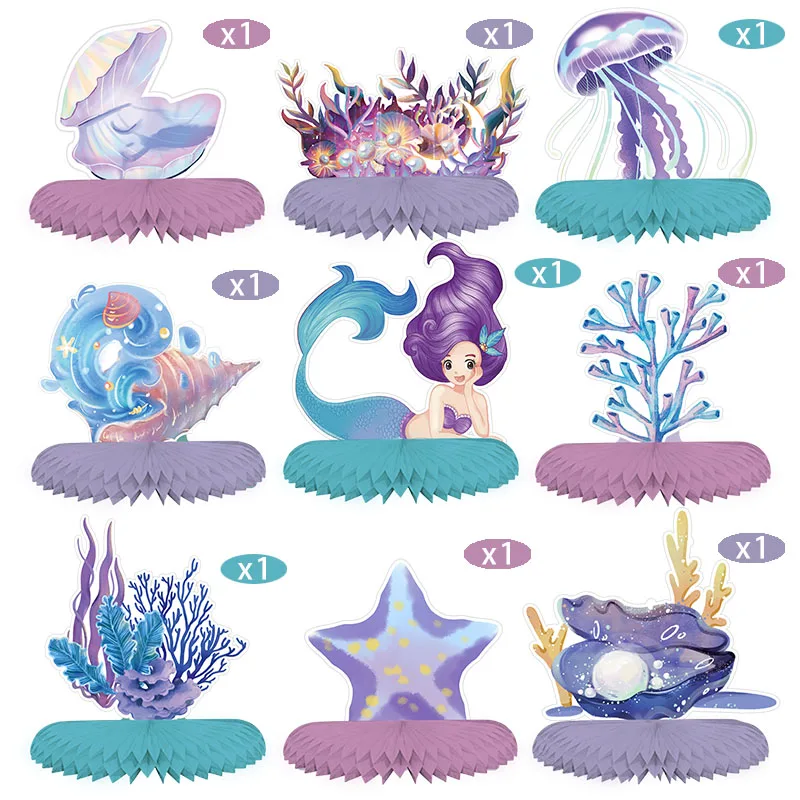 9 szt. Syrenki o strukturze plastra miodu dekoracja stołu Ocean pod powierzchnią morza materiały urodzinowe Baby Shower dla dziewczynki