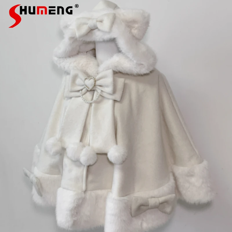 아름다운 로지타 Y2K 판초 대량 생산 20% 울 플리스 안감 만화 귀 케이프 코트 가을 따뜻하고 부드럽고 편안한 여성용 망토