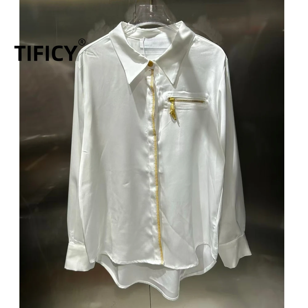 

High Street Shirts Women's New French Retro Temperament Plain Color Scale Edge Leaf Zipper Lapel Long Sleeved Shirt