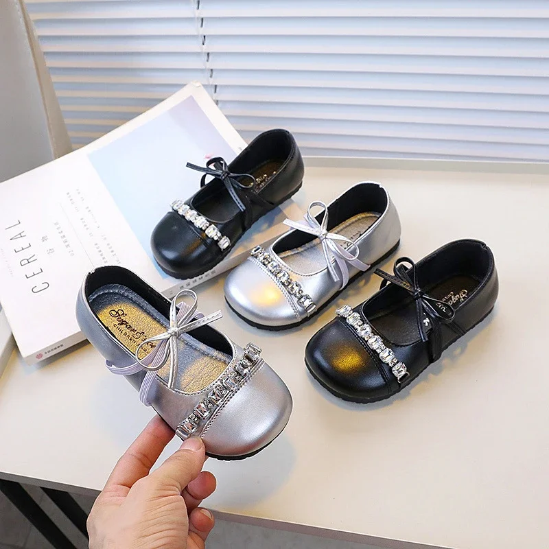 

Kids Luxury Shoes New Korean Style Girls Princess Leather Shoes Shallow Causal Children Silver Ballet Flats Non-slip Versatile