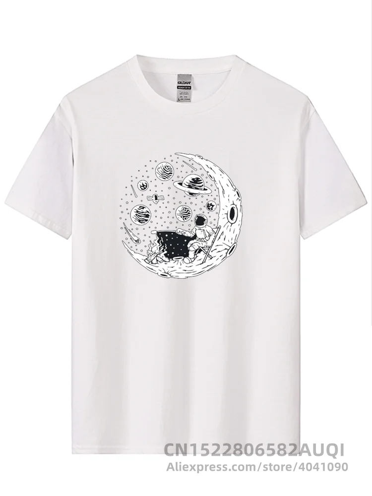 T-shirt High Quality 100% Cotton Funny Astronaut Moon Barbecue Print Casual Loose Cool Men O-neck T-shirt Tee Tops