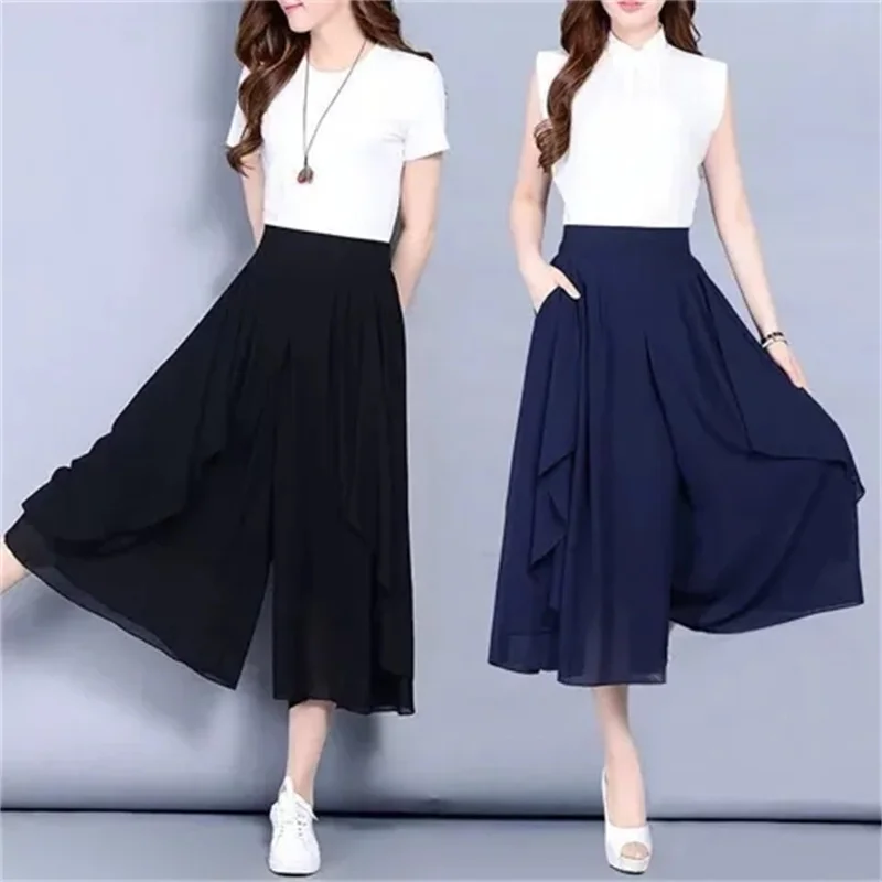 Women Chiffon Wide Leg Pants Spring Summer Thin Elastic Waist Loose All-match Lady Calf-Length Pants Fashion Skirts Pants 4XL