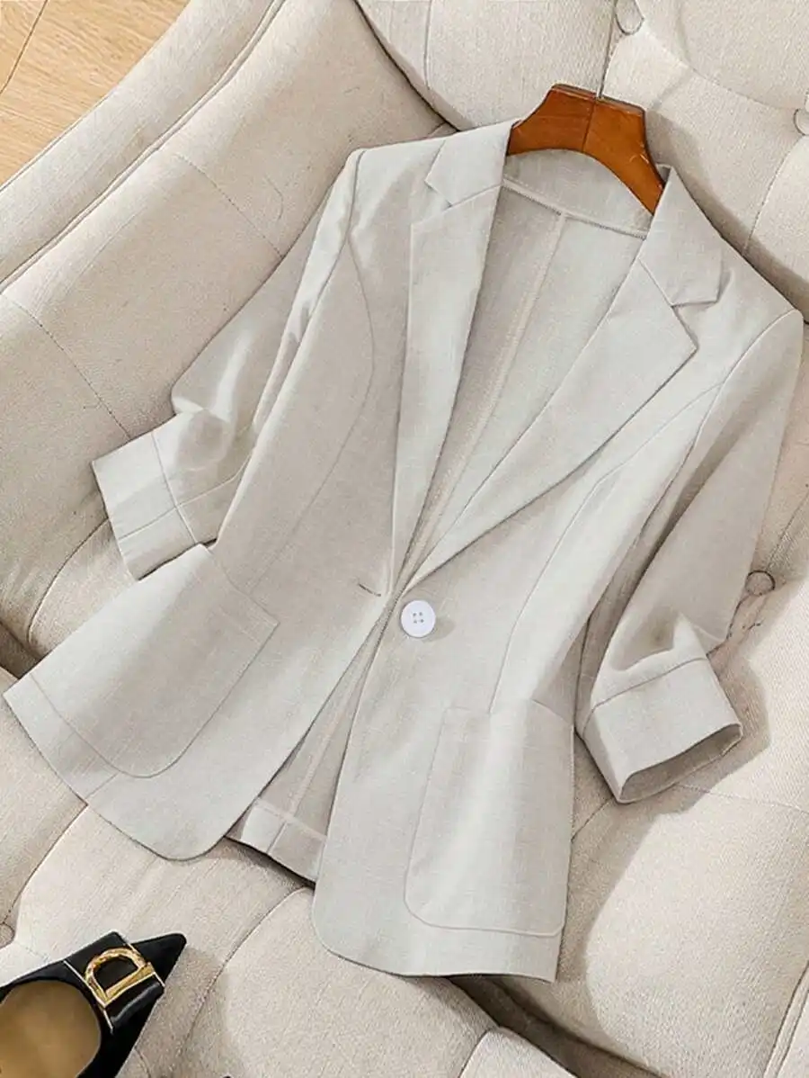 

Женский бежевый однобортный блейзер с коротким рукавом для повседневной носки или офиса