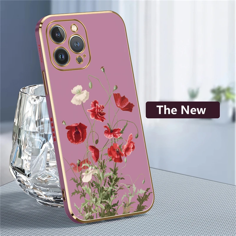 Plating Phone Case For iPhone 15 13 14 Pro Max 12 11 Pro XS Max XR X 8 7 14 Plus SE 2022 2020 Silicone Pattern Flower Cover