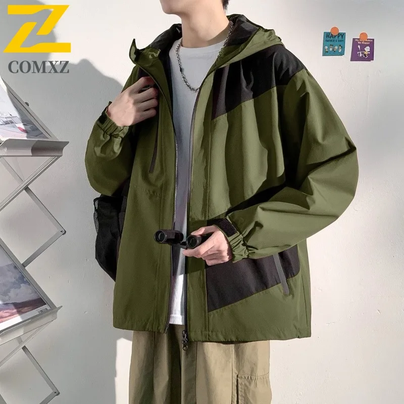 

2025Men Two Tone Color Hooded Jacket Autumn Winter Outdoor Windproof Waterproof Single Layer Coat Lightweight Hiking Windbreaker
