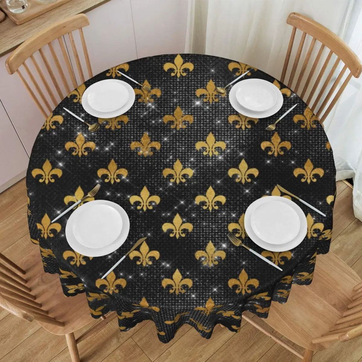 Elegant Black And Gold Fleur De Lis Tablecloth Round Oilproof Fleur-De-Lys Lily Floral Table Cover Cloth for Party 60 inches