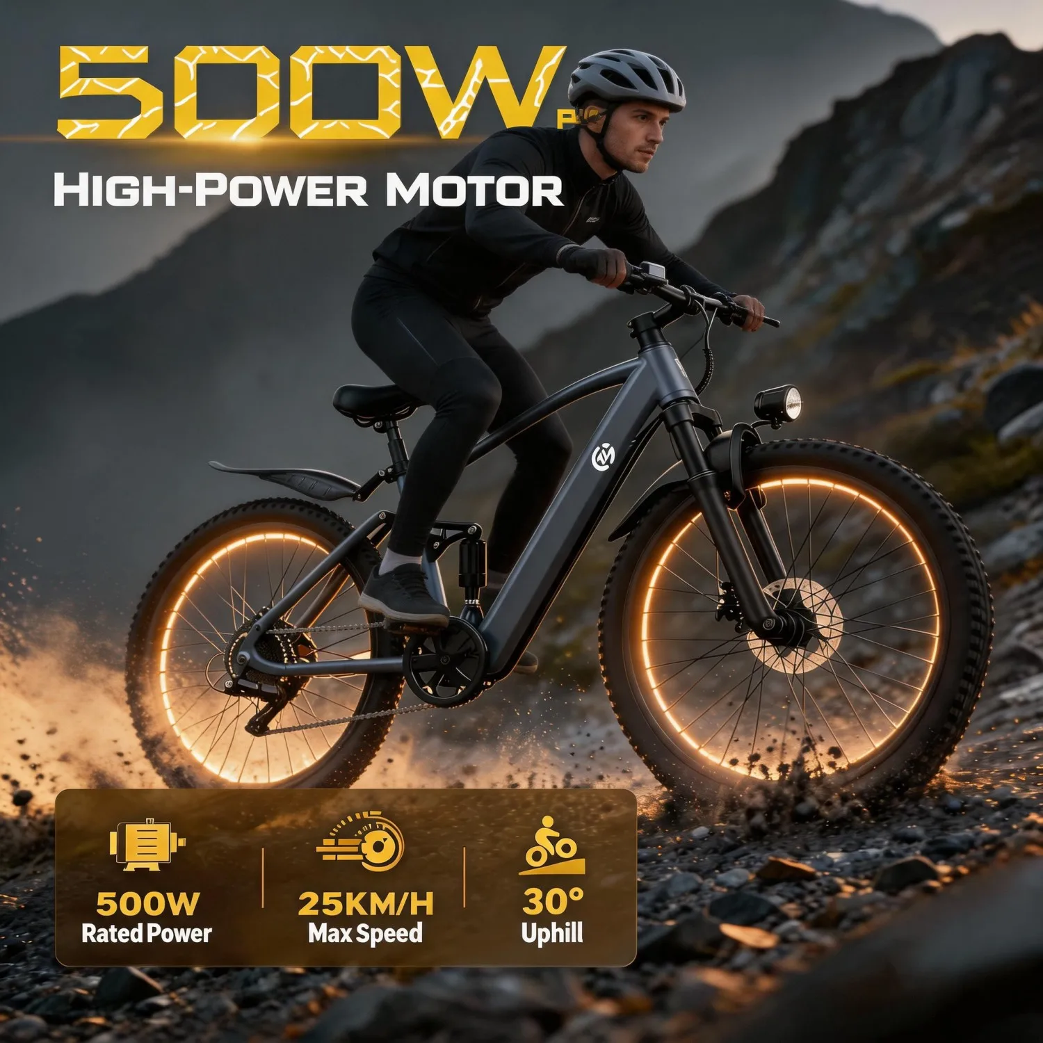 Electric Mountain Bike, 500W Motor, Hybrid Power, Full Suspension, Pedal Assist, Removable Battery, Pro Race Frame, 24h Service, for mountain trail riding, rough terrain e-bike