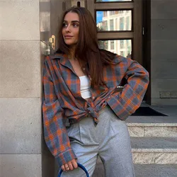 Women Oversized Plaid Shirt Autumn Winter Vintage Long Sleeve Loose Lapel Shirts Female Fashion Streetwear Pocket Button Blouses