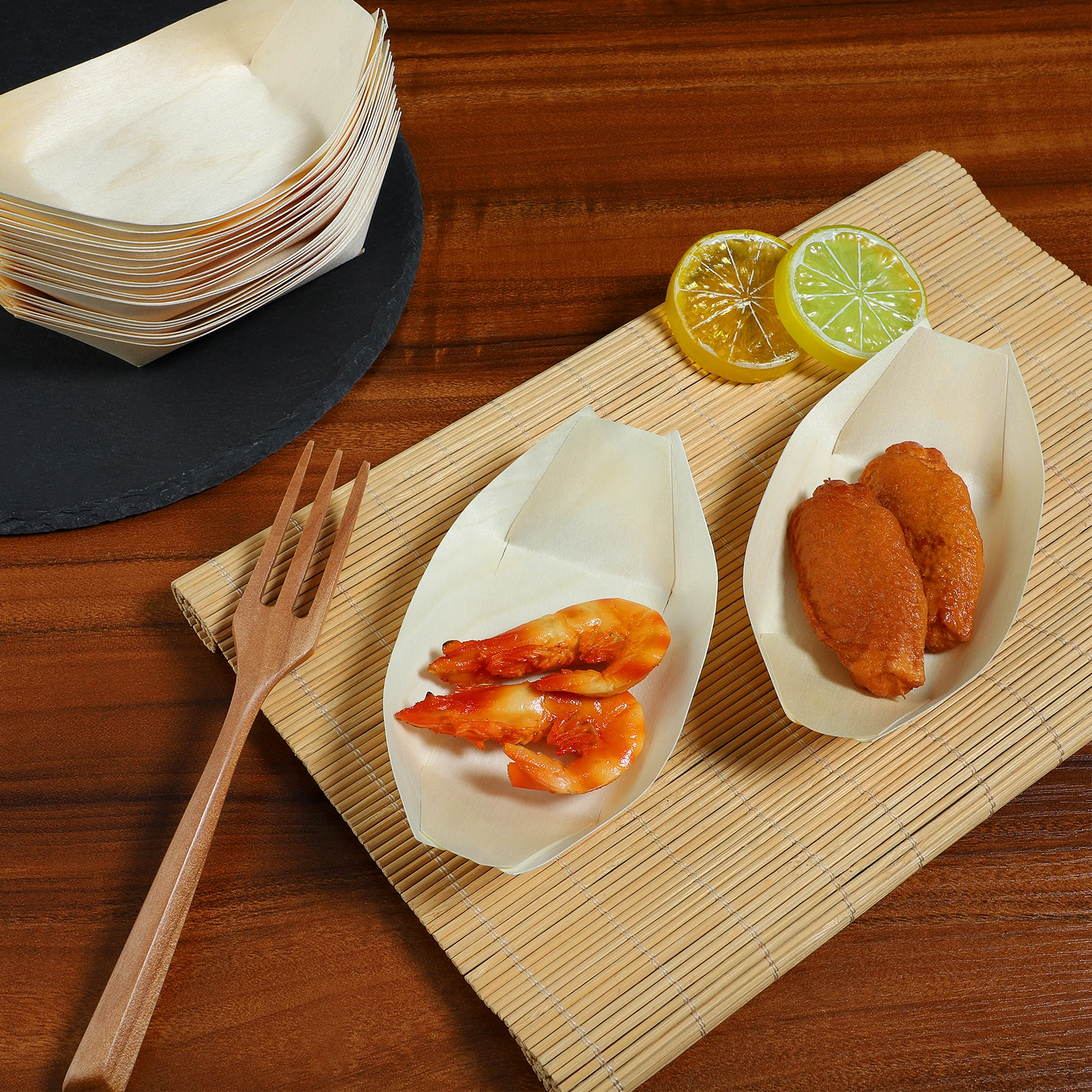 

100 pcs Boat Wood Disposable Sashimi Plate Serving Container For Salmon Salad Snack Boat-Shaped Food Plate Bamboo Design