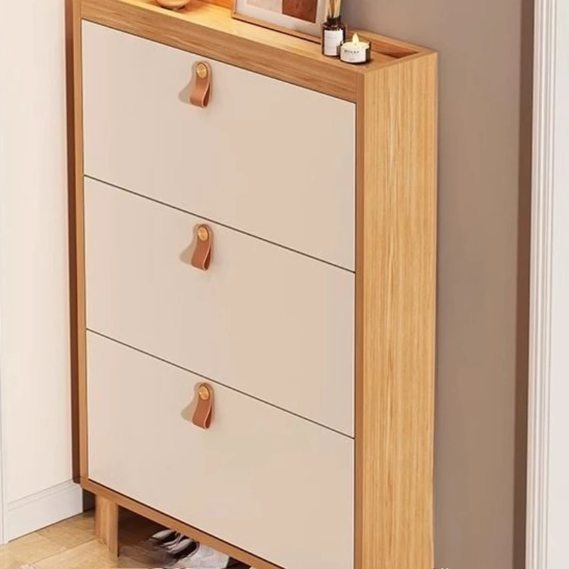 Household door shoe cabinet, solid wood ultra-thin tipping bucket cabinet, large-capacity storage