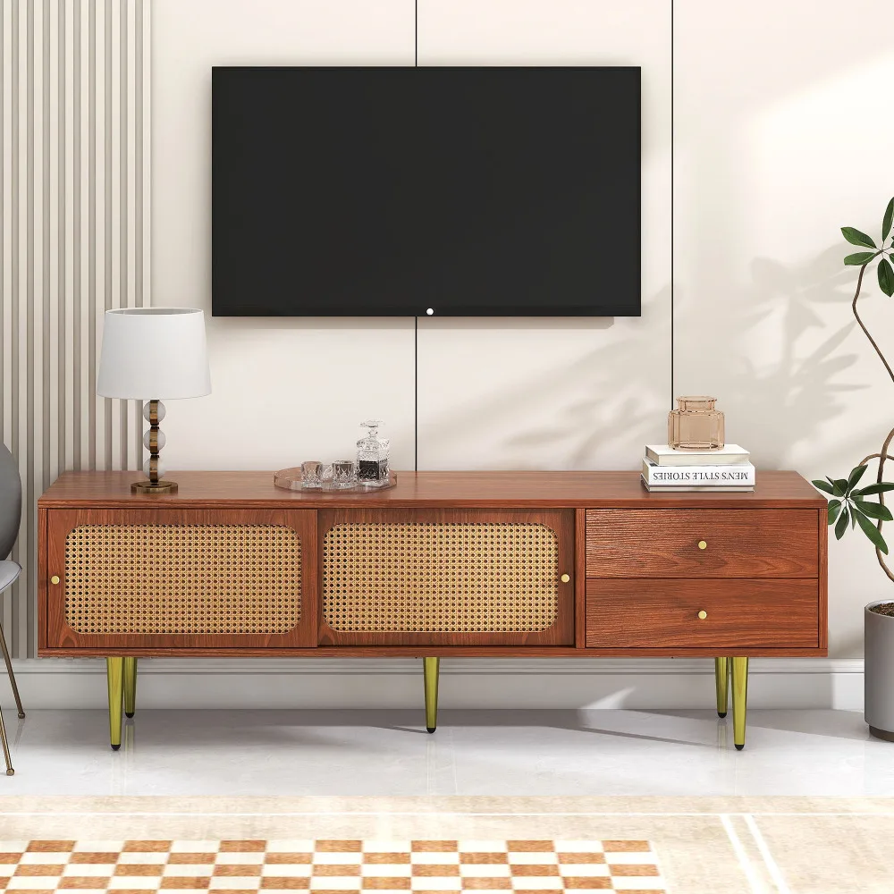 Stilvoller TV-Ständer aus Walnussholz mit 2 Rattan-Schiebetüren und praktischen Schubladen aus dunklem Kunststoff und Rattan – Detail 19