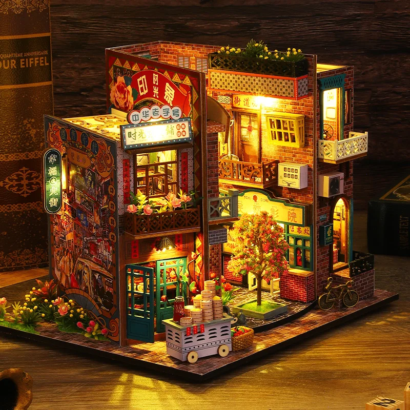 Kit modello in miniatura in legno fai-da-te cinese antico Street View Casa 3D Puzzle Casa delle bambole con luci mobili per regali di amici