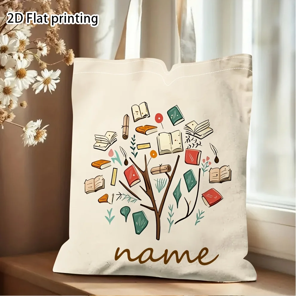 Personalized Book Theme Tote Bag for Women Customizable Name/Initials/Text Book Tree Pattern with Washable Bag for Travel