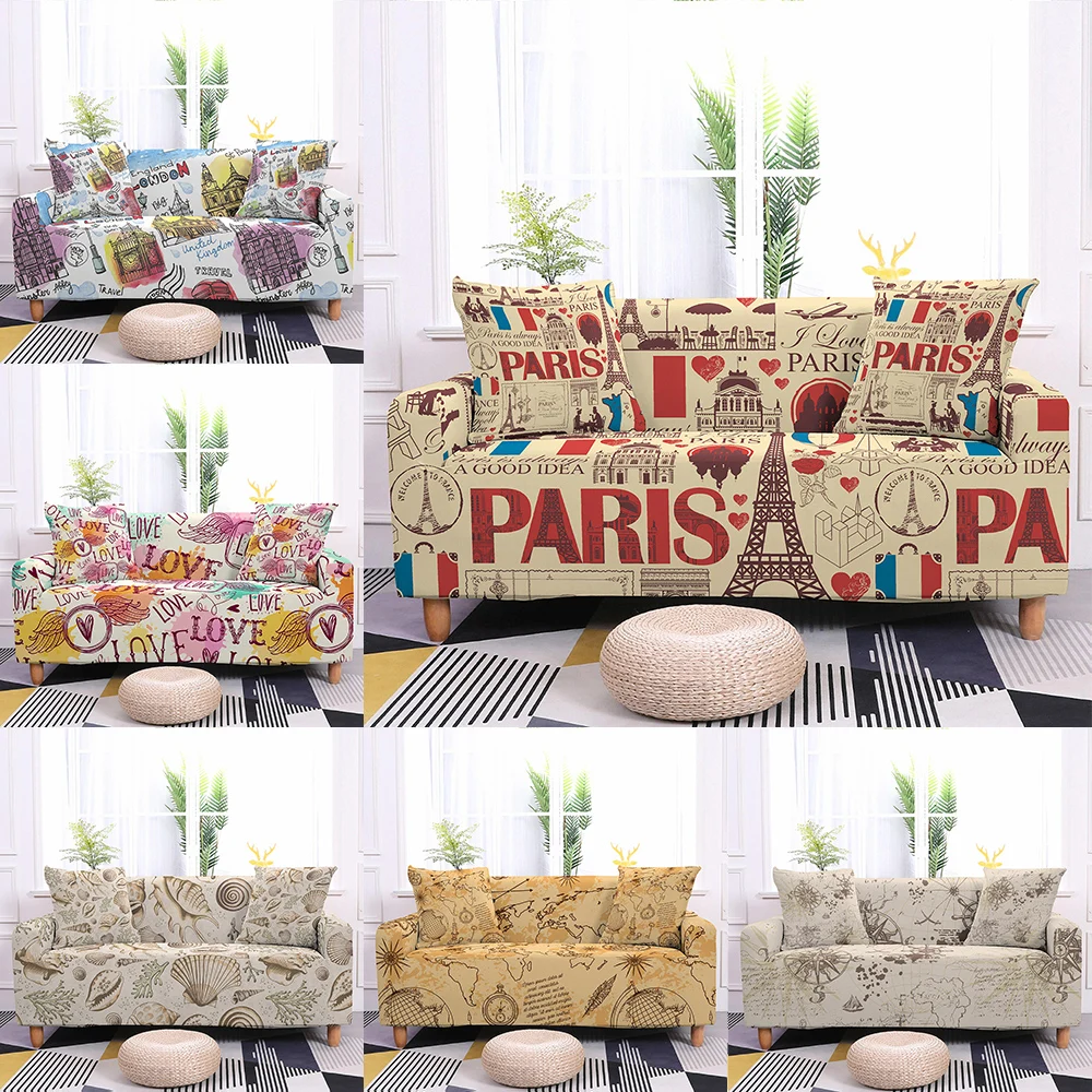 Paris Lattice Tower Sofa Cover Elastic Cushion Cover Big Sofas for Living Room Vintage Style Sofa Slipcover Sofa Protector Home