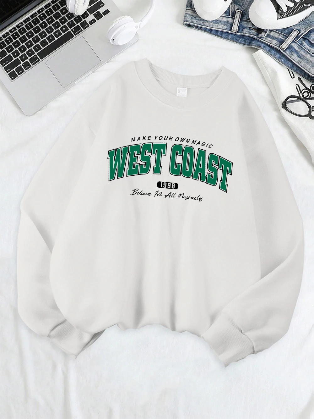 West Coast 1998 Creative Fonts Prints Sweatshirts Womens Loose Sporty Hoodies Fleece Warm O-Neck Tops Winter Comfortable Clothes