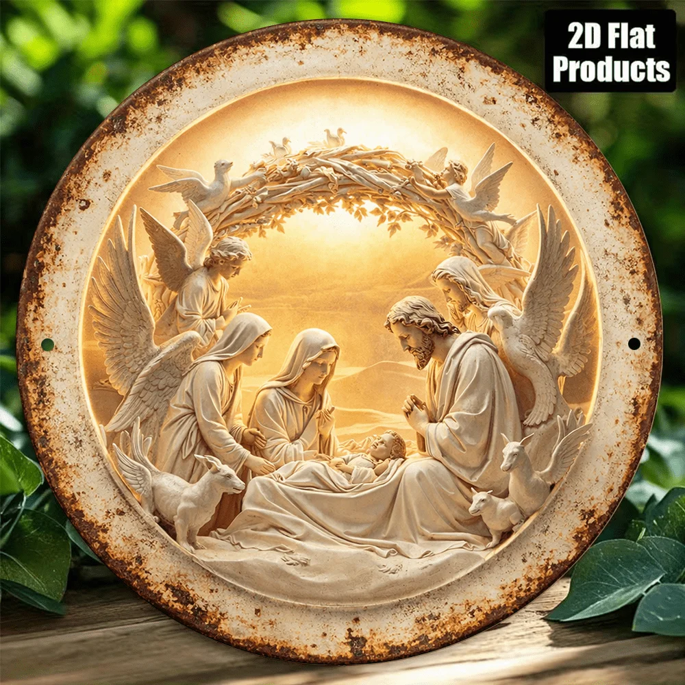 Vintage Metal Tin Sign, Nativity Scene Holy Family Angel Relief Rust Plaque, 2D Flat Christian Religious Home Wall Art