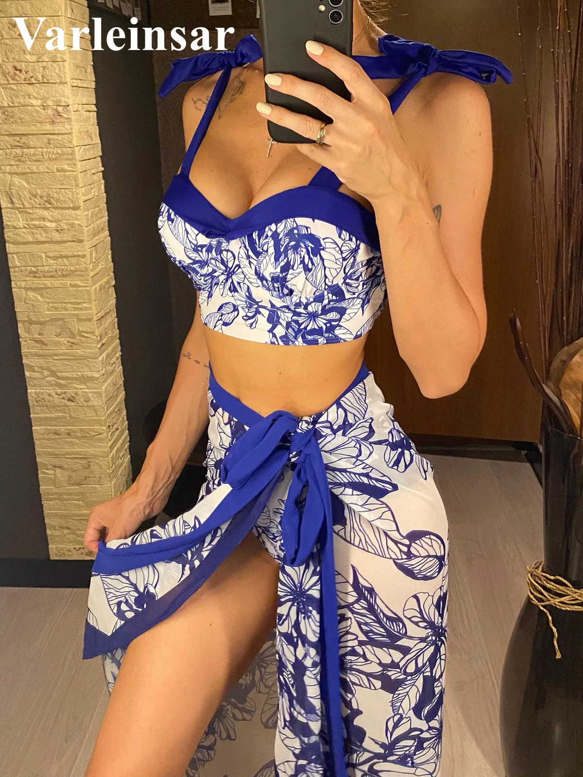 S- XL With Skirt Printed Female Swimsuit High Waist Bikini Women Swimwear Three-pieces Bikini set Bather Bathing Suit Swim V4613