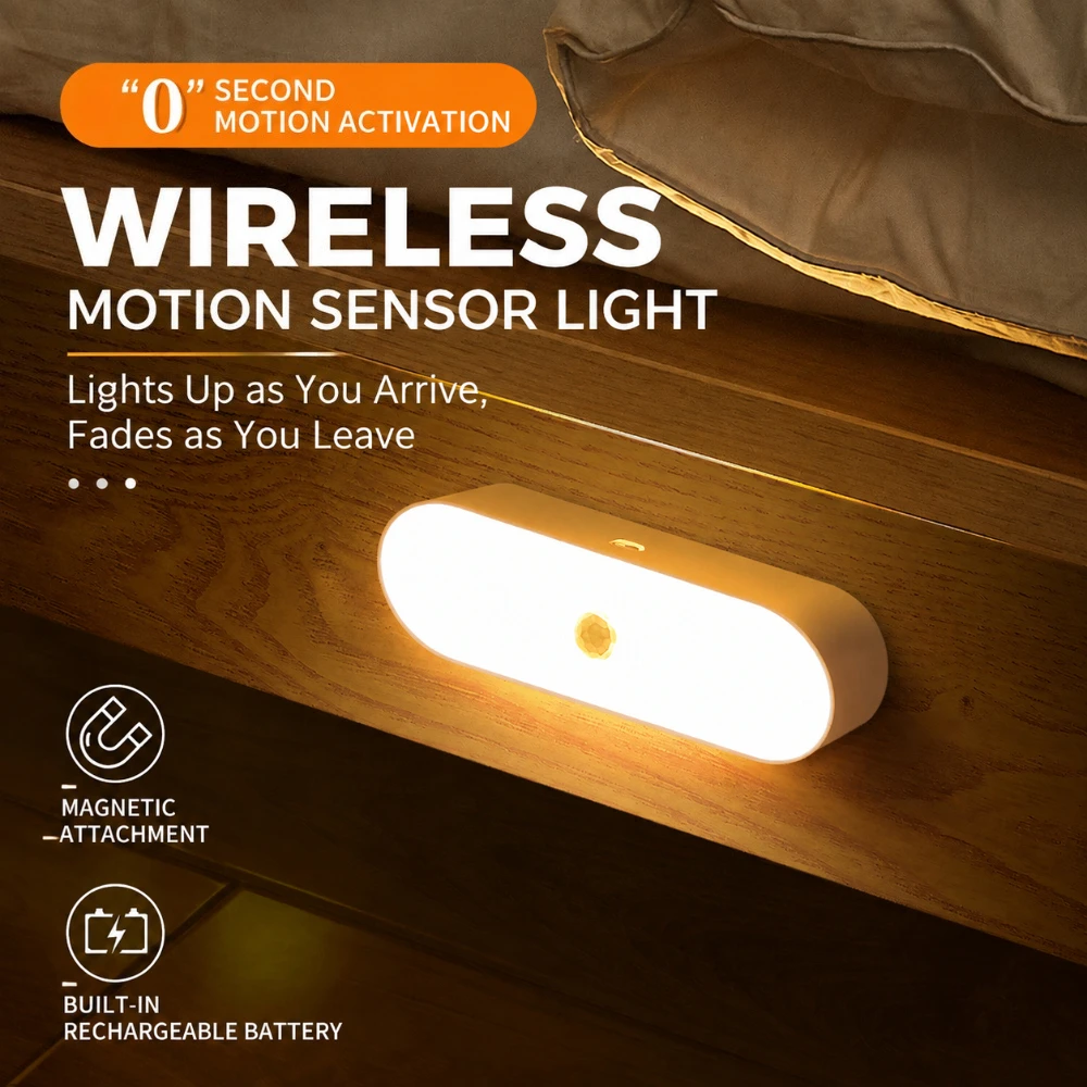 Smart Motion-Sensing LED Night Light 3-Mode Adjustable USB Rechargeable Anti Glare Portable Dorm Under Cabinet Light Bedroom