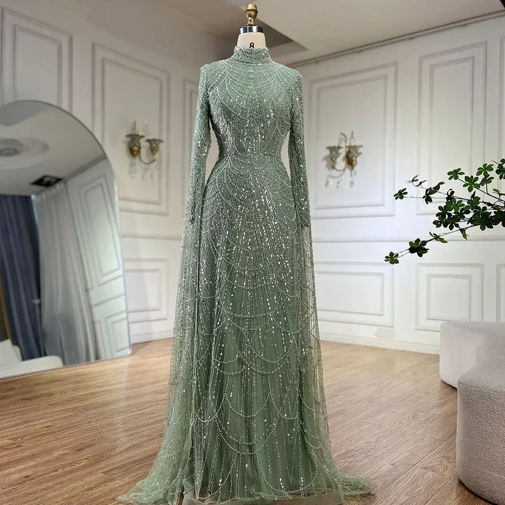 SERENE HILL Saudi Arabia Customized 2025 Muslim Sage Green Mermaid Long Sleeve Evening Dress with Cape Party Women Gown GLA72591