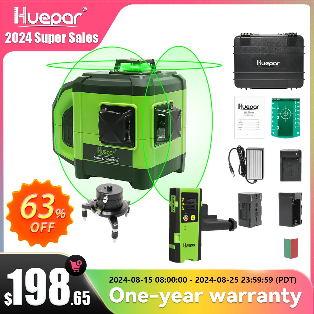 Huepar-electronic Auto-nivelamento 3d Green Beam Laser Level 3×360 Linha Cruzada Nivelamento de Três Planos Alinhamento-função de Inclinação Dupla