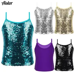 Tops de lentejuelas brillantes para niñas, chaleco de baile de Jazz, camiseta sin mangas para Ballet, actuación en escenario, ropa de calle para niñas