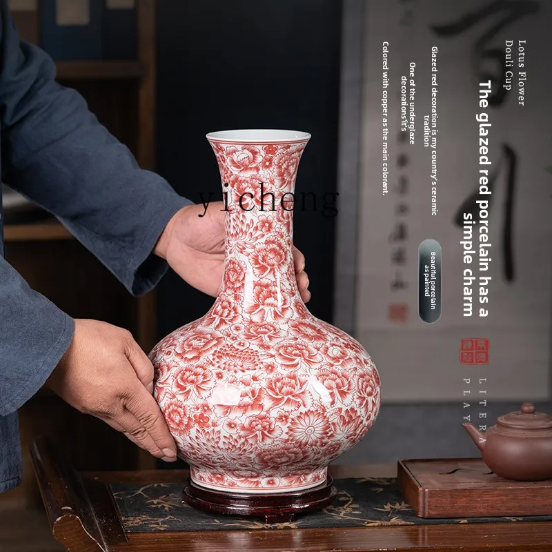 L7-8 ceramics underglaze red desktop ornament flower arrangement hand-painted vase Chinese home entrance decoration