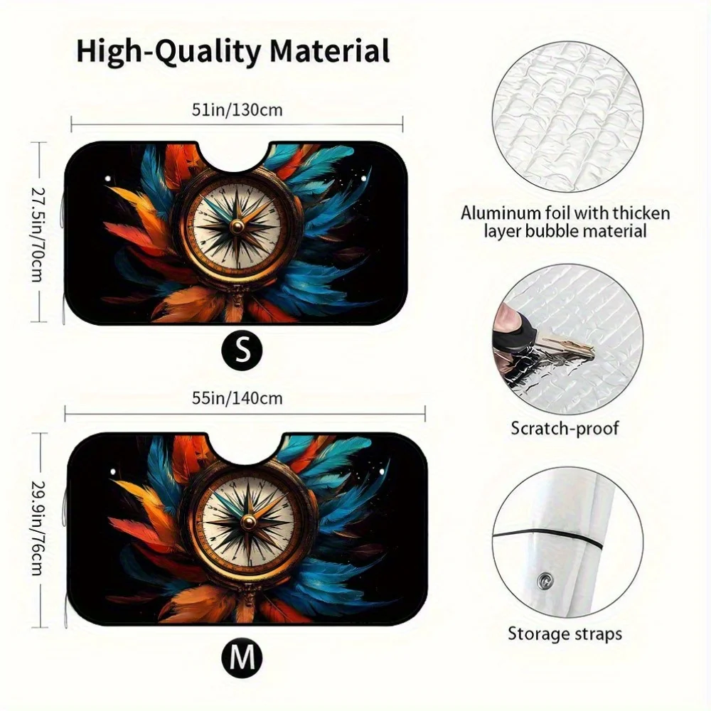 1pc Mystic Compass Feather Art Print Car Windshield Shade - Foldable Design With Wide Coverage, Durable Polyester Fabric, Ideal