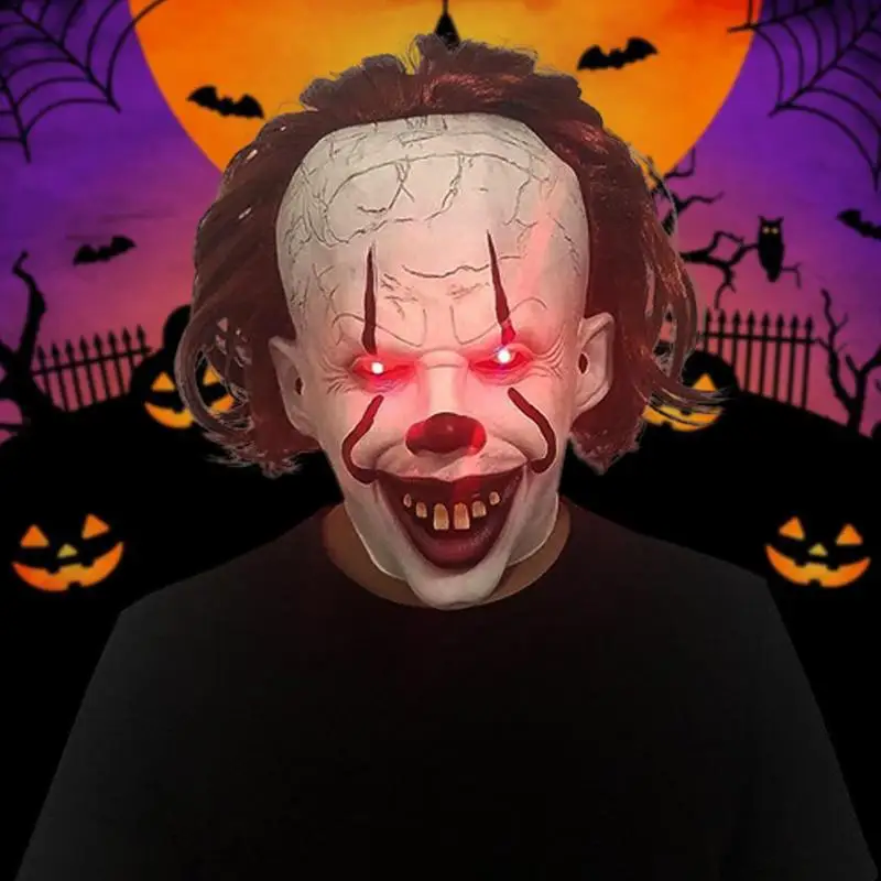 Horror Clown Mask Head Cover LED Light Up Adjustable Halloween Face Shield Cosplay Halloween GrimaceCarnival Party Props