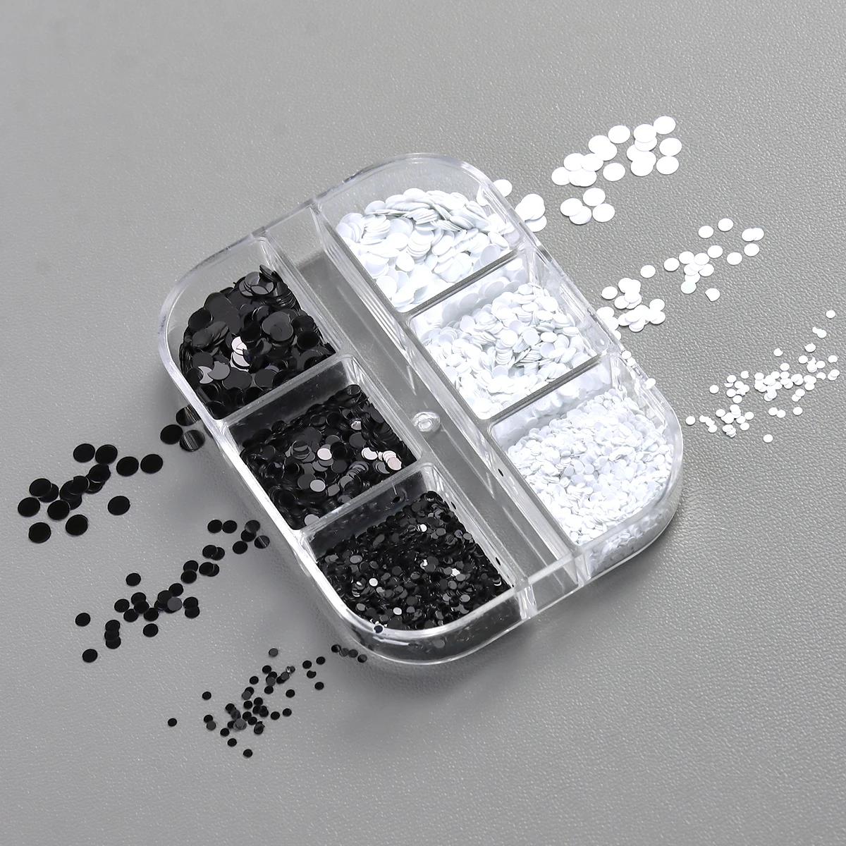 Schwarz-weiße Polka-Dot-Glitzer-Nagelkunst-Accessoires, Retro-Blumen-Patchwork-Glitzer-Nagelkunst, vielseitiger runder Punkt-Glitzer zum Selbermachen – Detail 6