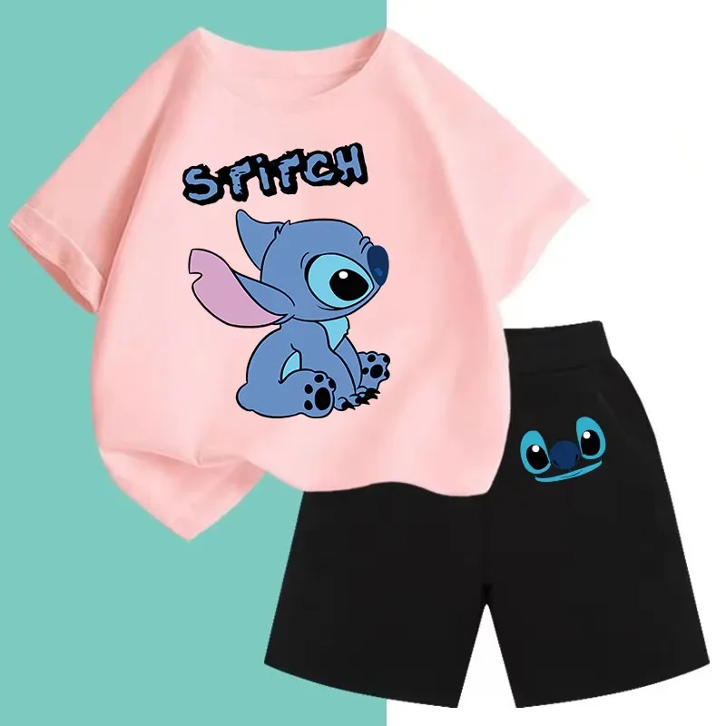 2024 Summer Fashion Boy Children's Stitch Two-piece T-shirt Set Round Neck Casual Short Sleeve Girl Short Sleeve Shorts