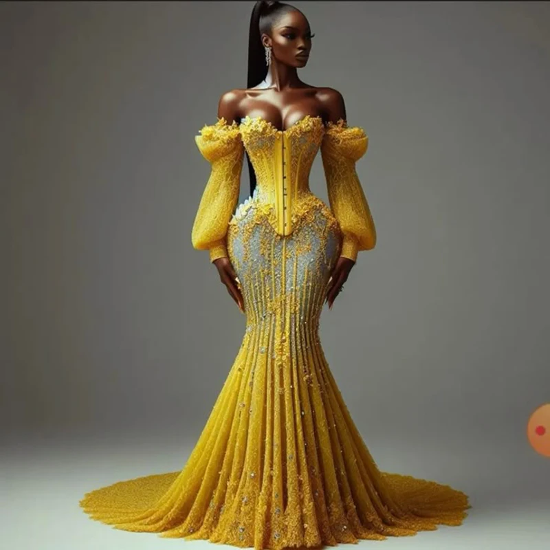 Vestido de fiesta de sirena amarillo con hombros descubiertos, encaje Aso Ebi, mangas largas, tren de barrido, vestidos de noche, ropa Formal para mujeres africanas