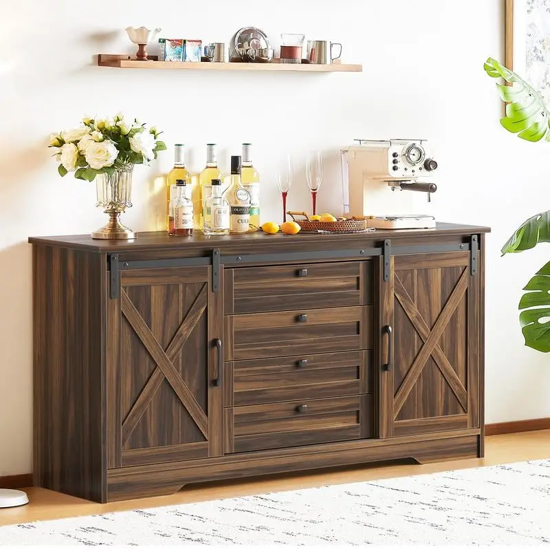 Large Farmhouse Buffet Cabinet with Storage, Wood Modern Kitchen Storage Cabinet with 4 Drawers, Sliding Barn Doors,