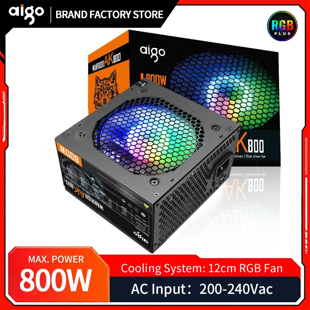 Блок питания Aigo AK для ПК, 800 Вт, RGB-подсветка, 120 мм, 220 В